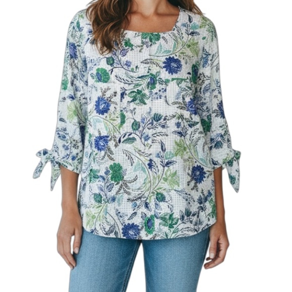 Rebecca Malone Women's Size XL White Floral Blouse